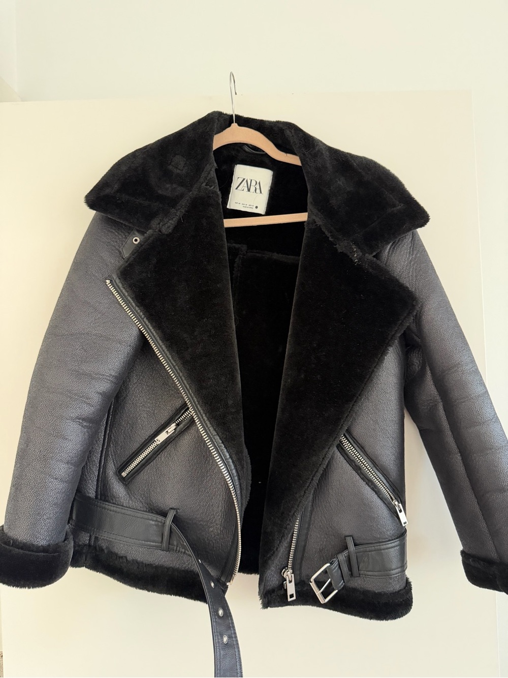 Zara Black Faux Shearling Biker Jacket
